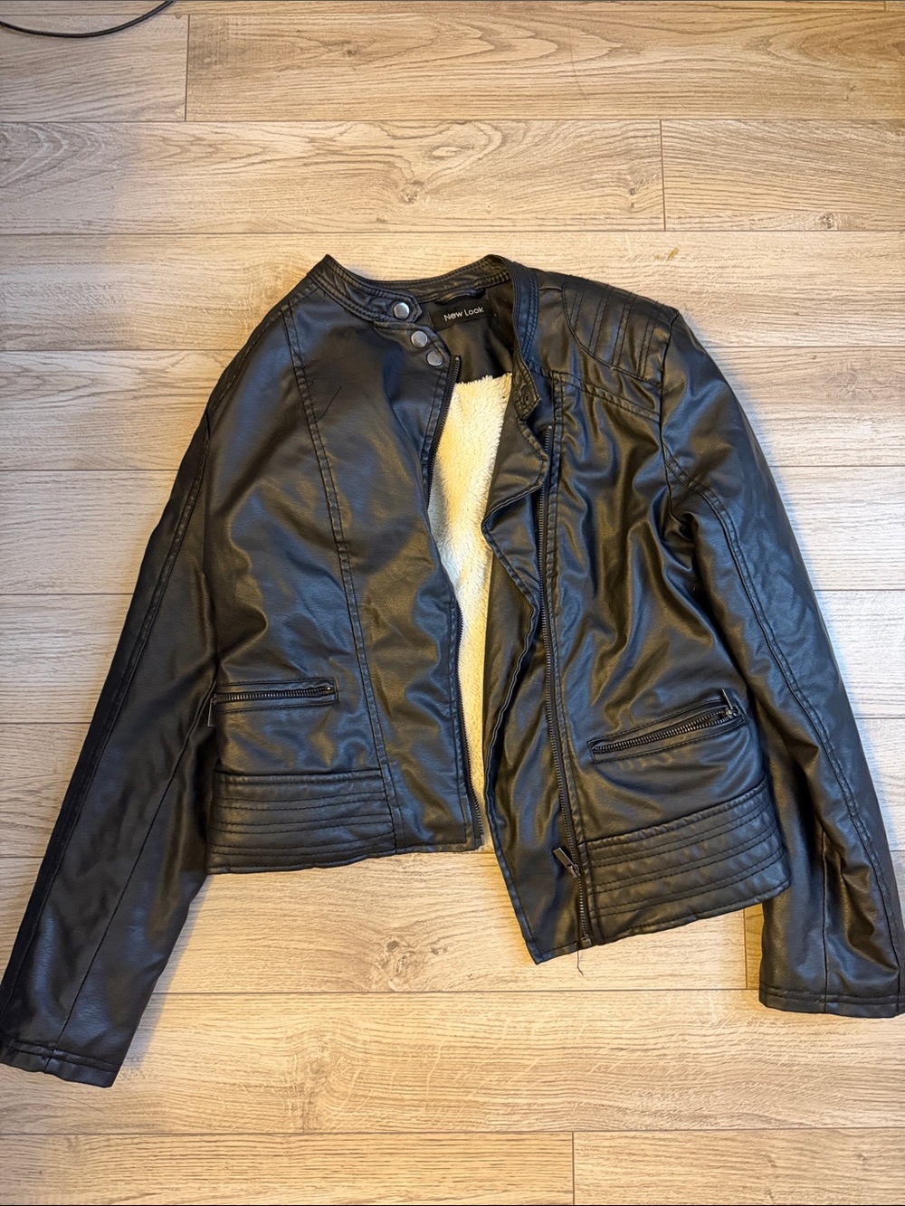 New Look Black Faux Leather Jacket with Cream Sherpa Lining